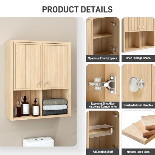 Bathroom Storage Cabinet Wall Mounted, Pre-Assembled Medicine Cabinet with 2 Doors, Slim Hanging Wall Cabinet Over The Toilet for Small Spaces, Modern Farmhouse Style,Natural Oak