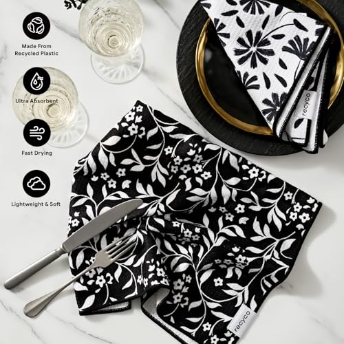 RECYCO Waffle Kitchen Towel Set of 2 - Quick Dry Microfiber Sustainable Dish Towels - Ultra Absorbent Reusable Cleaning Tea Towels - Lightweight Hand Towels,16”x 28”, Black & White Florals - color: Black & White Florals