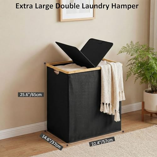 efluky Laundry Hamper with Lid, Double Laundry Basket with 2 Removable Bags, 2 Section Laundry Bin with Bamboo Handles for Bathroom, Bedroom & Laundry Room, 140L (36.9 Gallon) Black - color: Black, size: 140L Dual