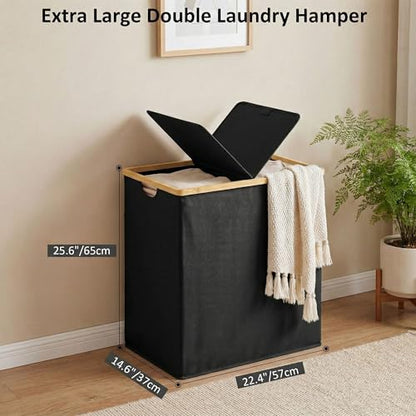 efluky Laundry Hamper with Lid, Double Laundry Basket with 2 Removable Bags, 2 Section Laundry Bin with Bamboo Handles for Bathroom, Bedroom & Laundry Room, 140L (36.9 Gallon) Black - color: Black, size: 140L Dual