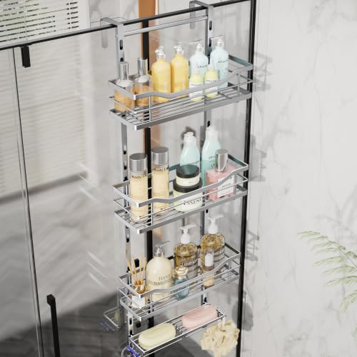 SWTYMIKI Over the Door Shower Caddy - 4 Tier Adjustable Shower Organizer Hanging with Soap Holder, No Drilling Stainless Steel Bathroom Rack Hanging for Body Wash, Shampoo, Soap, Razor, Silver - color: Silver-4 Tier