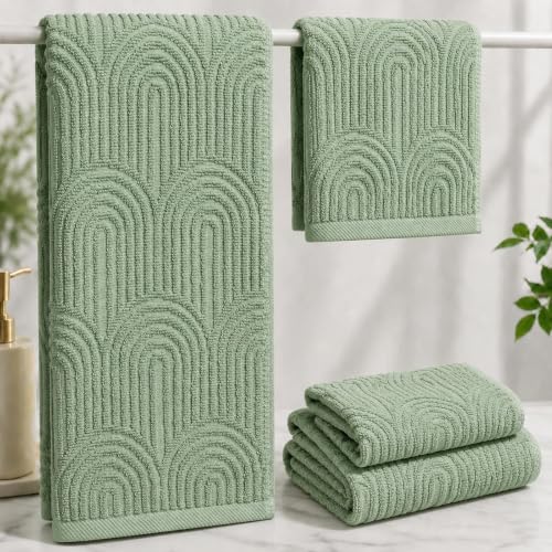 Sage Green Boho Bath Towels Set of 4,100% Cotton Bathroom Kitchen Decorative Towel for Spring Summer Holiday Decor Gift,2 Hand Towels,2 Washcloths - color: Sage Green, size: 4pcs