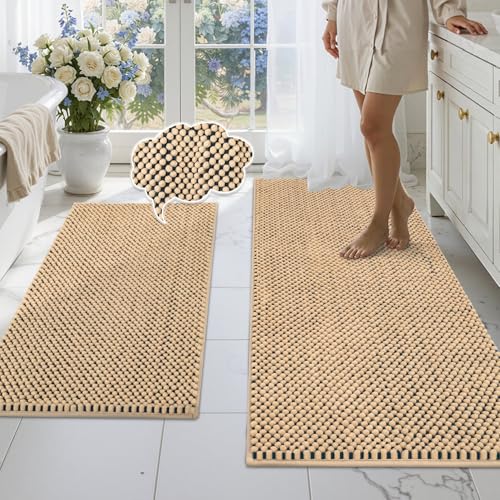 BSICPRO Bathroom Rugs Set 2 Piece, Thick Soft Multi-Color Chenille Absorbent Bath Mats, Non Slip Washable Bath Rugs, Shower Mat for Bathroom Decor (Oatmeal and Dark Blue, 20" x 47" Plus 20" x 32") - color: Oatmeal and Dark Blue, size: 20" x 47" Plus 20" x