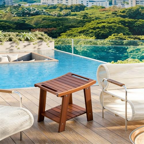 KEGII Teak Shower Bench with Shelf & Handle, Solid Teak Wood Shower Stool for Shaving Legs, Easy Assembly Shower Seat Chair for Shower Storage Shelf, 300lb Capacity (15.75'' 2-Tier)