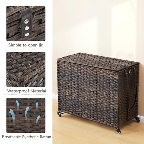 Laundry Hamper with Wheels, 60.72 Gallon(230L) Rolling Laundry Basket with Lid, Removable Large 3 Color Liners & 3 Mesh Laundry Bags, Clothes Hamper with Side Pocket, Brown - color: Brown, size: 35.43"L x 15.75"W x 25.6"H