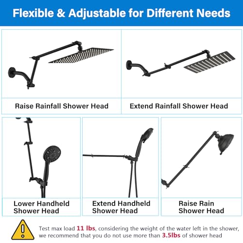 PDPBath Brass 16 Inch Shower Head Extension Arm, Upgrade Flexible Height & Angle Adjustable Shower Arm Extender with Lock Joints, for Fixed Shower Head & Handheld Shower Head, Matte Black - color: Matte Black, style: 6 Inch + 10 Inch