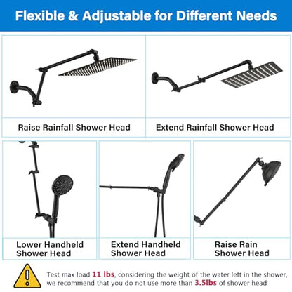 PDPBath Brass 16 Inch Shower Head Extension Arm, Upgrade Flexible Height & Angle Adjustable Shower Arm Extender with Lock Joints, for Fixed Shower Head & Handheld Shower Head, Matte Black - color: Matte Black, style: 6 Inch + 10 Inch
