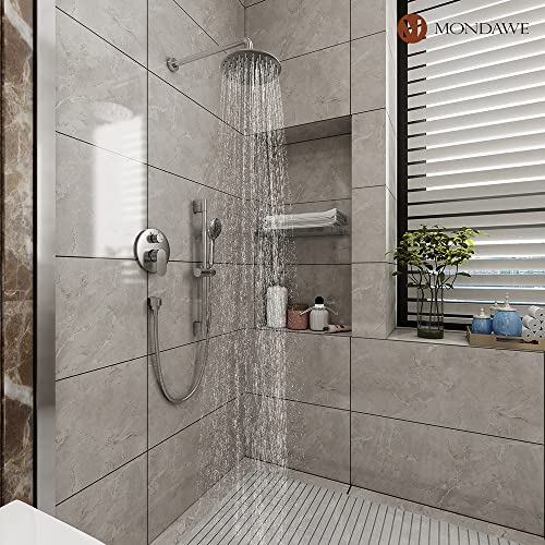 MONDAWE 9 Inch Wall Mounted Shower Faucet Set in Brushed Nickel, Rainfall Shower Head with 3-Setting Handheld Spray Shower Set Combo, High Pressure Shower System with Solid Brass Valve - color: Brushed Nickel, style: 9 IN - Without Tub Spout