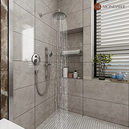 MONDAWE 9 Inch Wall Mounted Shower Faucet Set in Brushed Nickel, Rainfall Shower Head with 3-Setting Handheld Spray Shower Set Combo, High Pressure Shower System with Solid Brass Valve - color: Brushed Nickel, style: 9 IN - Without Tub Spout