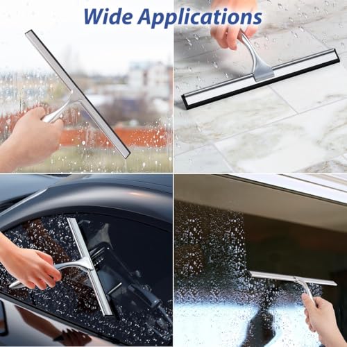 2-Pack Stainless Steel Shower & Window Squeegees with Microfiber Cloths and Wall Hook Holders, 10” & 12” Glass Cleaner for Bathrooms and Windows