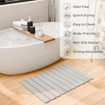 Foldable Stone Bath Mat, 23.5" x 15.4", Light Gray | Quick Dry Diatomaceous Earth, Non-Slip, Super Absorbent, Easy to Clean
