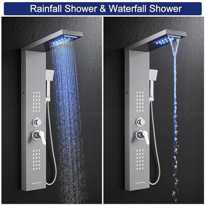 ROVATE 5 in 1 LED Rainfall Waterfall Shower Panel Tower System, Brushed | High Pressure Stainless Steel Shower Column with Tub Spout, Powerful Body Jets, Flexible Handheld, Brass Mixing Valve Body - style: 5 Modes-Brushed-2 Jets