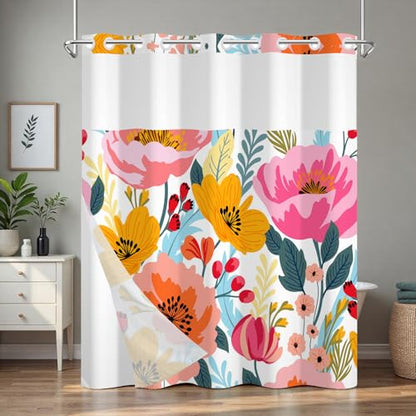No Hook Shower Curtain with Snap in Liner, Boho Floral Shower Curtain with Mesh Top Window and Weighted Hem, 71x74 Inches Double-layer Waterproof Fabric Flower Shower Curtain and Removable Liner Set - color: Gorgeous Flowers