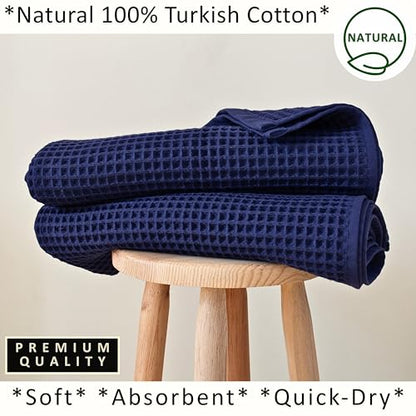 PÜSKÜL 2-Piece Natural 100% Turkish Cotton Waffle Bath Towels Extra-Large | Navy Blue, 32x63" Bath Sheet Towel, Light Soft Absorbent Quick-Dry Lint-Free Premium Honeycomb Weave Oeko-Tex Made in Turkiye - color: Navy Blue, size: Bath Towels - Pack of 2