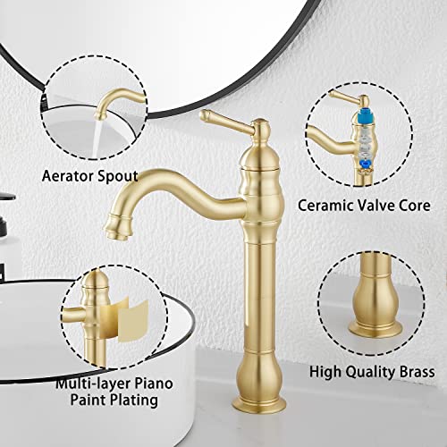 360 Swivel Single-Handle One Hole Vessel Sink Faucet with Matching Pop Up Drain - Brushed Gold Farmhouse Bathroom Vanity Faucet - color: Brushed Gold, size: Vessel