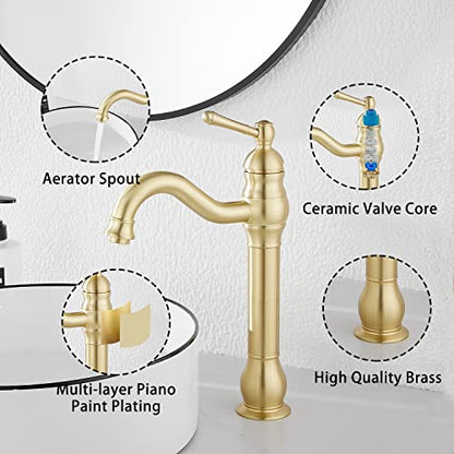 360 Swivel Single-Handle One Hole Vessel Sink Faucet with Matching Pop Up Drain - Brushed Gold Farmhouse Bathroom Vanity Faucet - color: Brushed Gold, size: Vessel