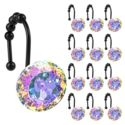 Sunlit Rustic Decorative Shower Curtain Hooks, Brown Owl Animal Shower Curtain Rings with Black Hooks, Cabin Shower Curtain Hooks, Resin, Farmhouse Bathroom Decoration, Set of 12 - color: Crystal Ab With Black Hooks