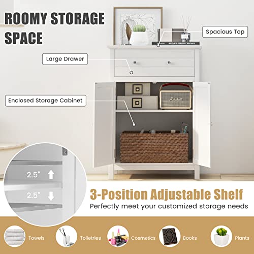 COSTWAY Bathroom Floor Cabinet, Wooden Side Storage Organizer w/Larger Drawer, Adjustable Shelf & 2-Door Cupboard, Freestanding Storage Cabinet for Living Room, Kitchen, Entryway (White) | Larger Drawer, Adjustable Shelf & 2-Door Cupboard, Freestanding St