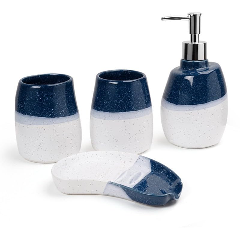 Ceramic Bathroom Accessories Set of 4 Gradient White and Blue Washing Set | Includes 2 Gargle Cups, 1 Soap Dish, 1 Lotion Dispenser, Ideal For Home Decor And Gift