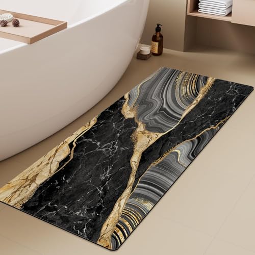 Extra Long Bath Rug, Black Marble and Golden Veins Decor Non Slip Bath Runner Rug with Rubber Backing, Thin Absorbent Quick Dry Bath Mats for Bathtub Bathroom Kitchen, 15.7x47.2 inch - color: Black Marble and Golden