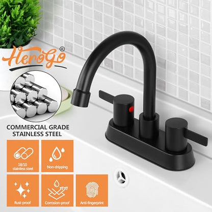 Herogo 2-Handle Centerset Bathroom Faucet Matte Black, Stainless Steel Vanity Sink Faucet 2-3 Hole with Drain Assembly, 360 Swivel Spout and Supply Hose for Farmhouse RV - color: Matte Black, style: Square Handles