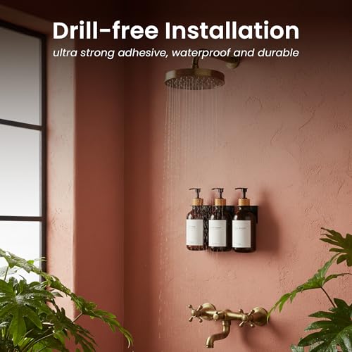 MaisoNovo Shampoo and Conditioner Dispenser|Refillable Amber Bamboo 3-Pack | 500 ml Shower Gel Dispenser Set of 3. Refillable Shampoo and Conditioner Bottles. Drill Free Secure Design. Amber Bamboo - color: Amber Bamboo Set of 3