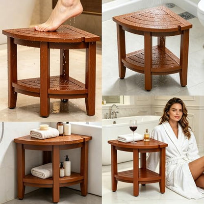 Teak 18" Corner Shower Bench Stool for Inside Shower | Waterproof Bath Chair, with Storage Shelf, Assembly Required