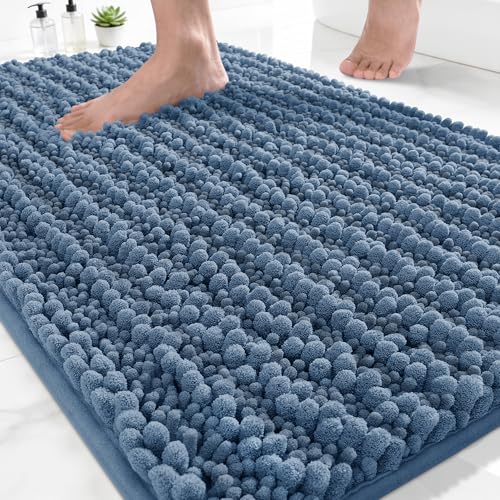 Yimobra Bathroom Rugs Non Slip Washable - Ultra Soft Absorbent Chenille Bath Mat, Quick Dry Shaggy Floor Carpet for Tub Shower, Denim Blue Home Decor Accessories, 24x17 Inch - color: Denim Blue, size: 24" X 17"