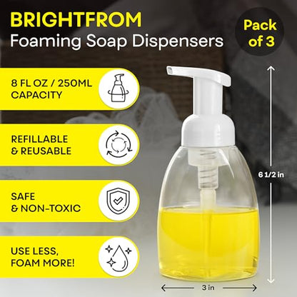 Foaming Soap Dispenser Pump Bottles, BPA Free Empty Refillable Plastic Container for Liquid Soap - Kitchen, Bathroom, Commercial - 8oz (250ml) Pack of 3, Clear