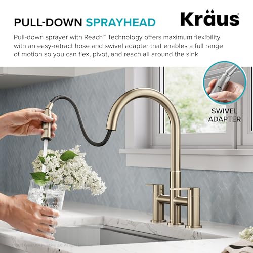 KRAUS Oletto Bridge Kitchen Faucet with Pull-Down Sprayhead in Spot-Free Antique Champagne Bronze, KPF-3122SFACB - color: Spot Free Antique Champagne Bronze, style: Bridge Faucet