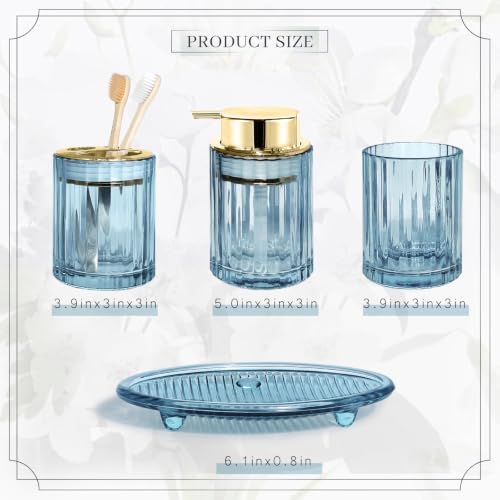CERBIOR Bathroom Accessories Set, 4 PCS Glass Bathroom Set,Golden Blue | Includes Soap Dispenser, Toothbrush Holder, Toothbrush Cup, Soap Dish for Decorative Countertop and Housewarming Gift - style: Grey Blue