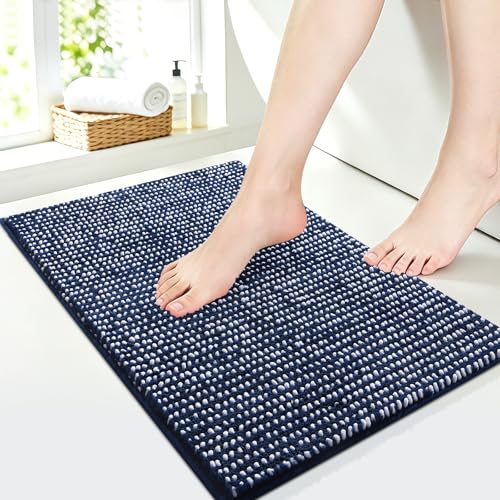 Luxury Chenille Bathroom Rugs Non Slip 24" x17", Extra Soft Absorbent Striped Bath Mats for Bathroom, Machine Washable Quick Dry Shower Floor Rug, Home Decor Accessories, Dark Blue & White - color: Dark Blue & White, size: 1'5" x 2' (Rectangular)