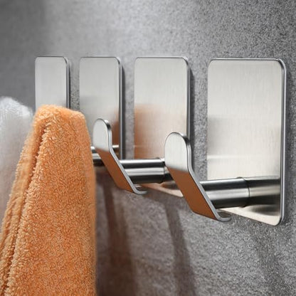 YIGII Towel Hooks no Damage Wall Surface, Adhesive Wall Hook for Kitchen and Bathroom, Stainless Steel Waterproof, 4 Pack Sticky Hooks, Silver