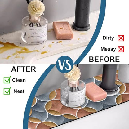 Geometric Printing Sink Splash Guard Faucet Mat Ceramic Tile Texture Super Absorbent Fast Drying Mat Sink Gadgets-Splash Guard Behind Faucet Drip Catcher for Kitchen Bathroom, 23.5"x5.5" - size: 23.5" x 5.5"
