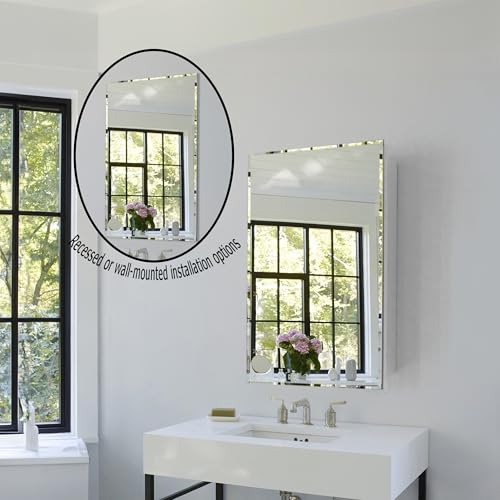 Single Door Multi-Purpose Plastic Bathroom Medicine Cabinet with Mirror, Surface or Recessed Mount, Vanity Cabinet with 2 Plastic Adjustable Shelves, White