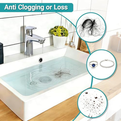 Bathroom Sink Drain Strainer Pop-Up Sink Stopper, Silver, 2Pcs | Hair Catcher Anti-Clog with Removable Stainless Steel Filter Basket, Universal for US Standard Drain Stopper Replacement