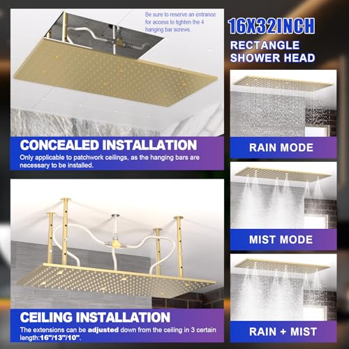 2 Modes Luxury High Pressure Rain Shower Head, 16"x32" Super Large Ceiling Full Body Shower Head with Silicone Nozzles Rectangle Mist Showerhead, Brushed Gold Finish - color: Brushed Gold, style: 2 Modes - Rainfall&Mist