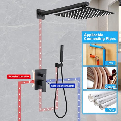Matte Black Shower Faucet Set, Rainfall Bathroom Shower System Fixture 10 Inch High Pressure Square Rain Shower Head with Handheld Sprayer Combo Wall Mount with cUPC Certified Rough-in Valve - color: Black, style: 10"