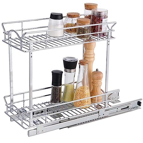 OCG Slide Out Cabinet Organizer for Narrow Cabinet (9" W X 21" D), 2 Tier Pull Out Shelves Slim Sliding Cabinet Organizer and Storage, Chrome - size: 9W21D