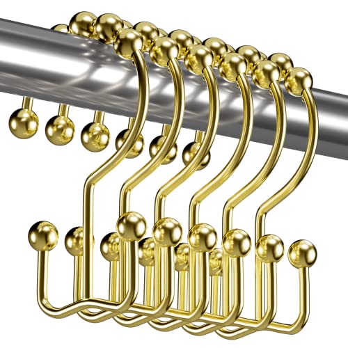 Titanker Gold Shower Curtain Hooks Rings, Rust-Resistant Metal Double Glide Shower Hooks Rings for Bathroom Shower Curtains Rods, Set of 12 Hooks - Light Gold - color: Light Gold, style: Modern