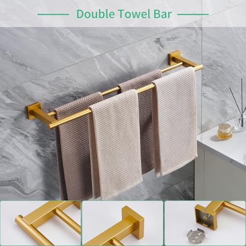 Miyili 4-Pieces Gold Bathroom Accessories Set Bath Hardware Kit - Includes Double Towel Bar, Hand Towel Rack, Toilet Paper Holder, Robe Hook, BS02G4A - color: Gold
