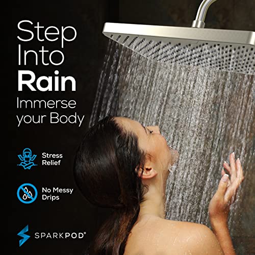 SparkPod 12 Inch Rectangle Rain Shower Head - Ceiling or Wall Mount Rainfall Shower Head - Large Coverage Showerhead - Brass Ball Joint with 360° Adjustment - 1-Min Install (Elegant Brushed Nickel) - color: 2 - Elegant Brushed Nickel 12 Inch Rectangle, st