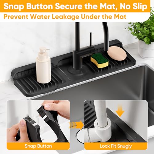 17.7'' Folding Faucet Mat for Kitchen Sink Splash Guard[7° Slope Fast Self-draining][Snap Lock Fit] Kitchen Sink Faucet Mat Splash Guard Kitchen Sink Area Water Splash Guard Behind Faucet Draining Mat - color: Black, size: 17.7" x 5.5"