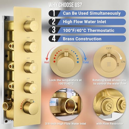 Thermostatic Dual Rianfall Shower System with 6+16-Inch Shower Heads, Ceiling Mount Full Body Rain Shower Faucet Set with Double High Pressure HandHeld Sprayer for 2-Person (Brushed Gold) - color: Brushed Gold