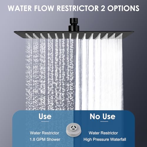 12x8 Inch Rectangle Rain Shower Head Black, All Metal Stainless Steel 304, Full Body Rainfall Shower with 112 Silicone Nozzles, Ceiling Rain Showerheads - color: B-Matte Black, size: 12 x 8 Inch Rectangle