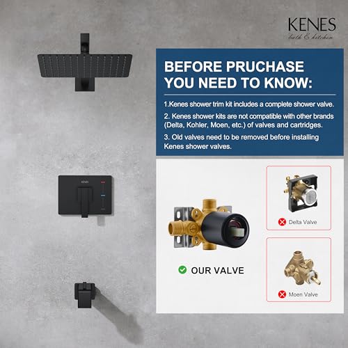 KENES Matte Black Shower Set with Tub Faucet, Square Tub Shower Trim Kit | Shower Faucet with 10-Inch Rain Shower Head, Square Shower System, Valve Included, Lead-Free cUPC & NSF Certified, Stainless - color: Matte Black, style: Tub Shower Faucet Set