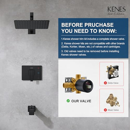 KENES Matte Black Shower Set with Tub Faucet, Square Tub Shower Trim Kit | Shower Faucet with 10-Inch Rain Shower Head, Square Shower System, Valve Included, Lead-Free cUPC & NSF Certified, Stainless - color: Matte Black, style: Tub Shower Faucet Set