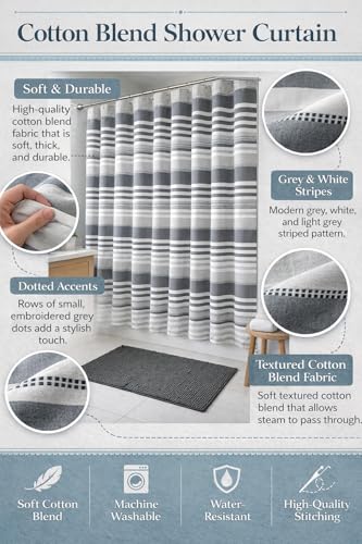 Charcoal Gray and White Fabric Shower Curtain, Cotton Blend Textured Striped Design, 72 x 72 Shower Curtain, Modern Aesthetic Bathroom Decor, Oasis Grey - color: Oasis Grey