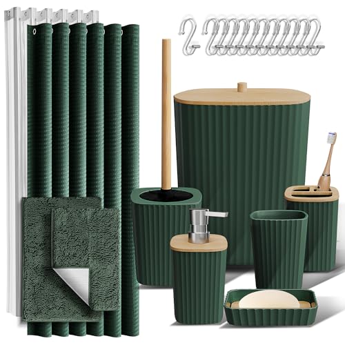Clara Clark Bathroom Set, Bathroom Sets with Shower Curtain and Rugs | 22 Piece Hunter Green Bathroom Accessories Set with Toothbrush Holder, Soap Dispenser, Soap Dish, Toilet Brush, and Trash Can - color: Hunter Green, size: Complete Set + Bath Rugs