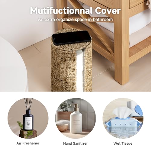 StorageWorks Seagrass Free Standing Toilet Paper Holder Stand for Bathroom, 3 Rolls of Toilet Tissue Storage with a Built-in Cloth Lining, Toilet Roll Holder Stand with Lid | 3 Rolls of Toilet Tissue Storage with a Built-in Cloth Lining, Toilet Roll Holde